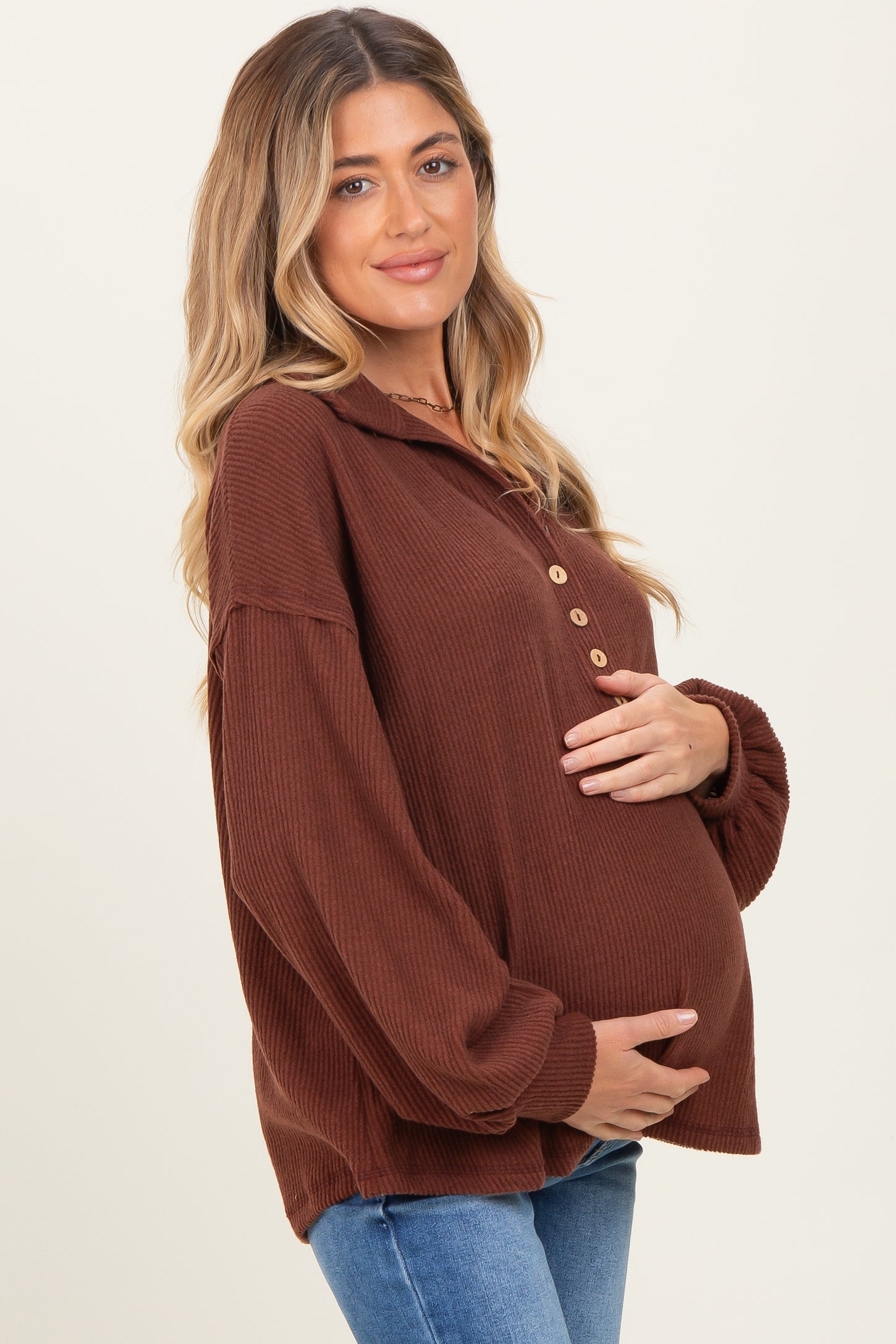 Brown Solid Ribbed Long Sleeve Button Down Collared Maternity Top