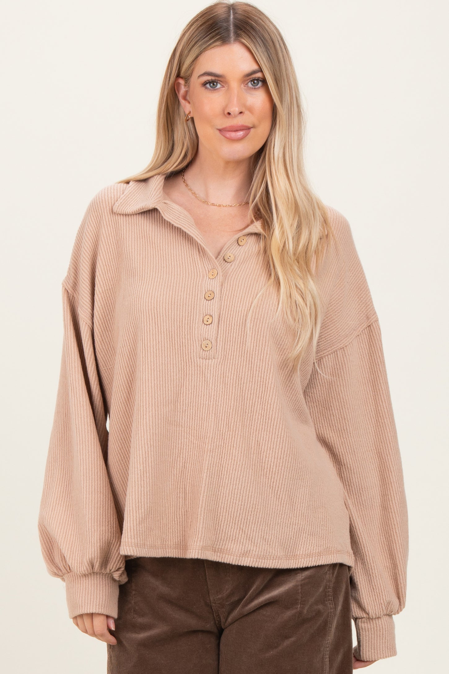 Taupe Solid Ribbed Long Sleeve Button Down Collared Maternity Top