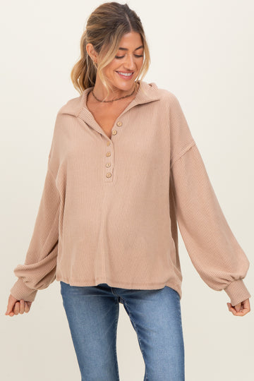 Taupe Solid Ribbed Long Sleeve Button Down Collared Maternity Top