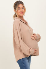 Taupe Solid Ribbed Long Sleeve Button Down Collared Maternity Top