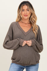 Mocha Brushed Long Sleeve Ribbed V-Neck Maternity Top