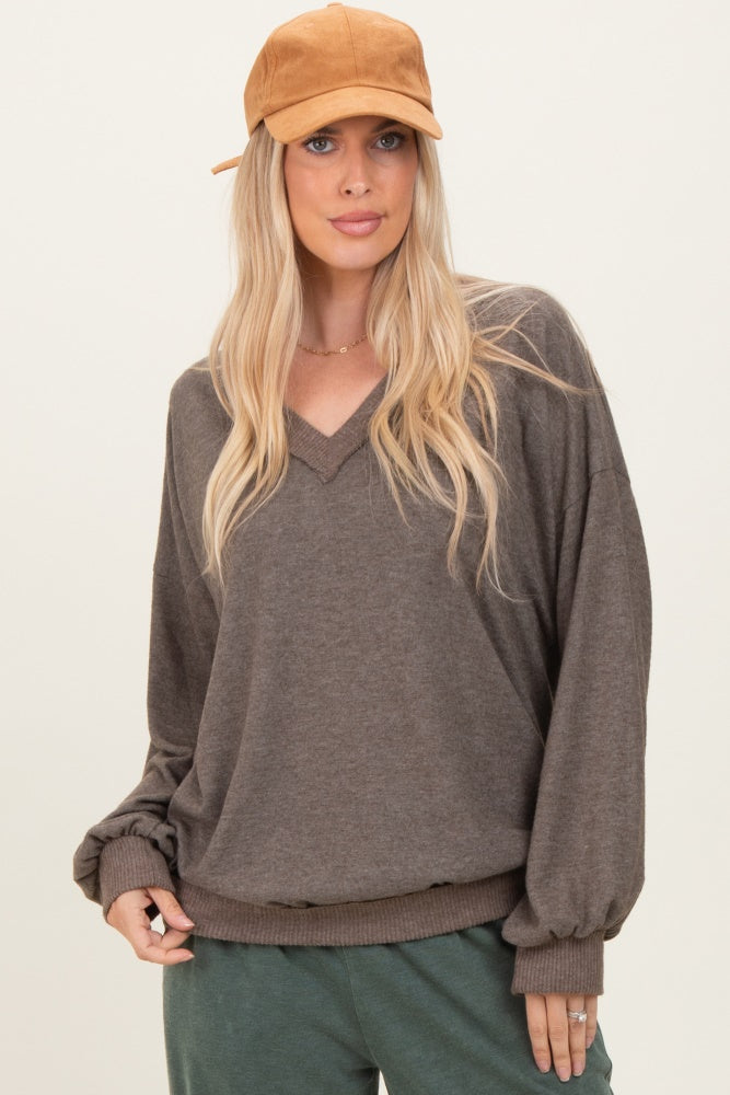 Mocha Brushed Long Sleeve Ribbed V-Neck Maternity Top