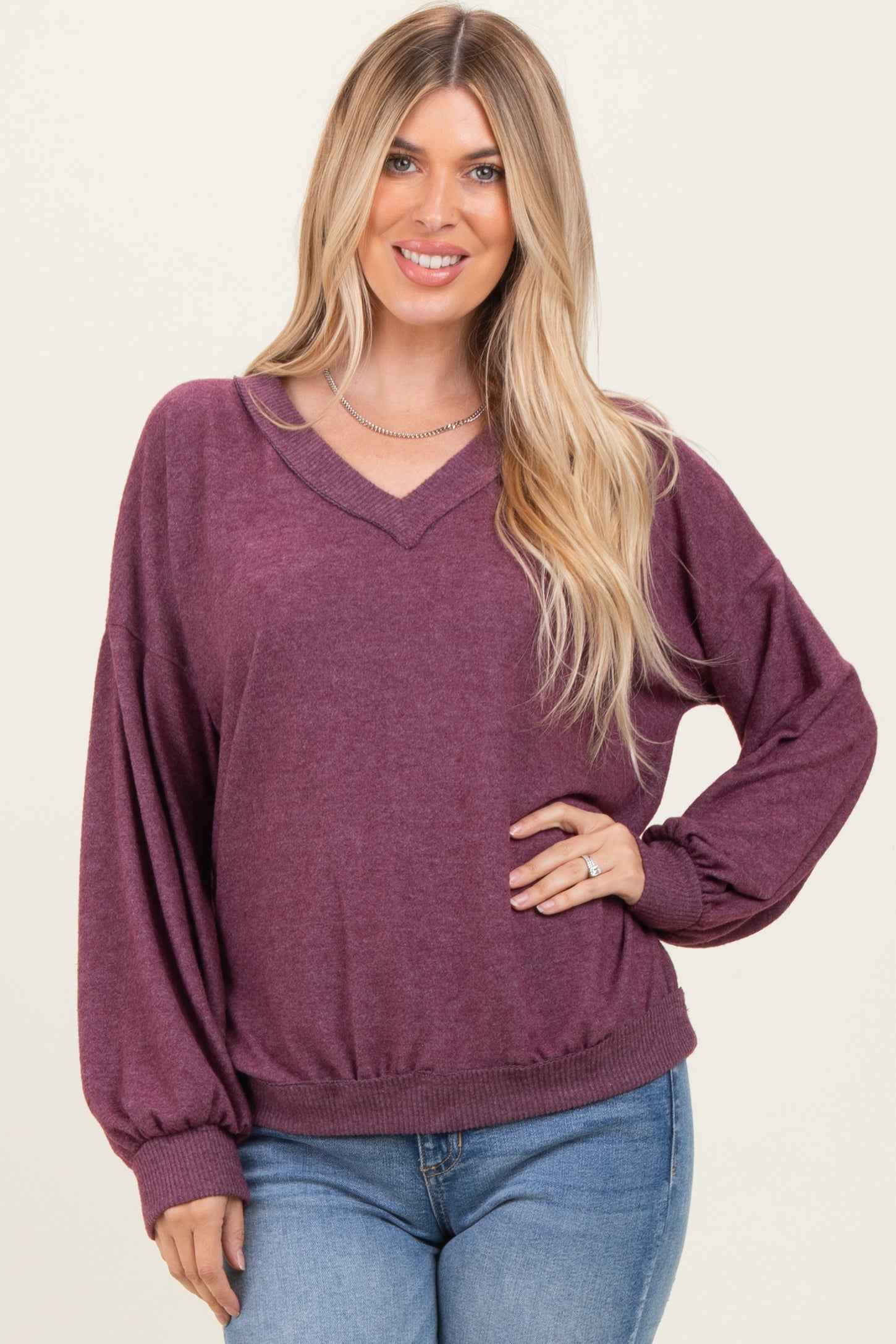 Plum Brushed Long Sleeve Ribbed V-Neck Top