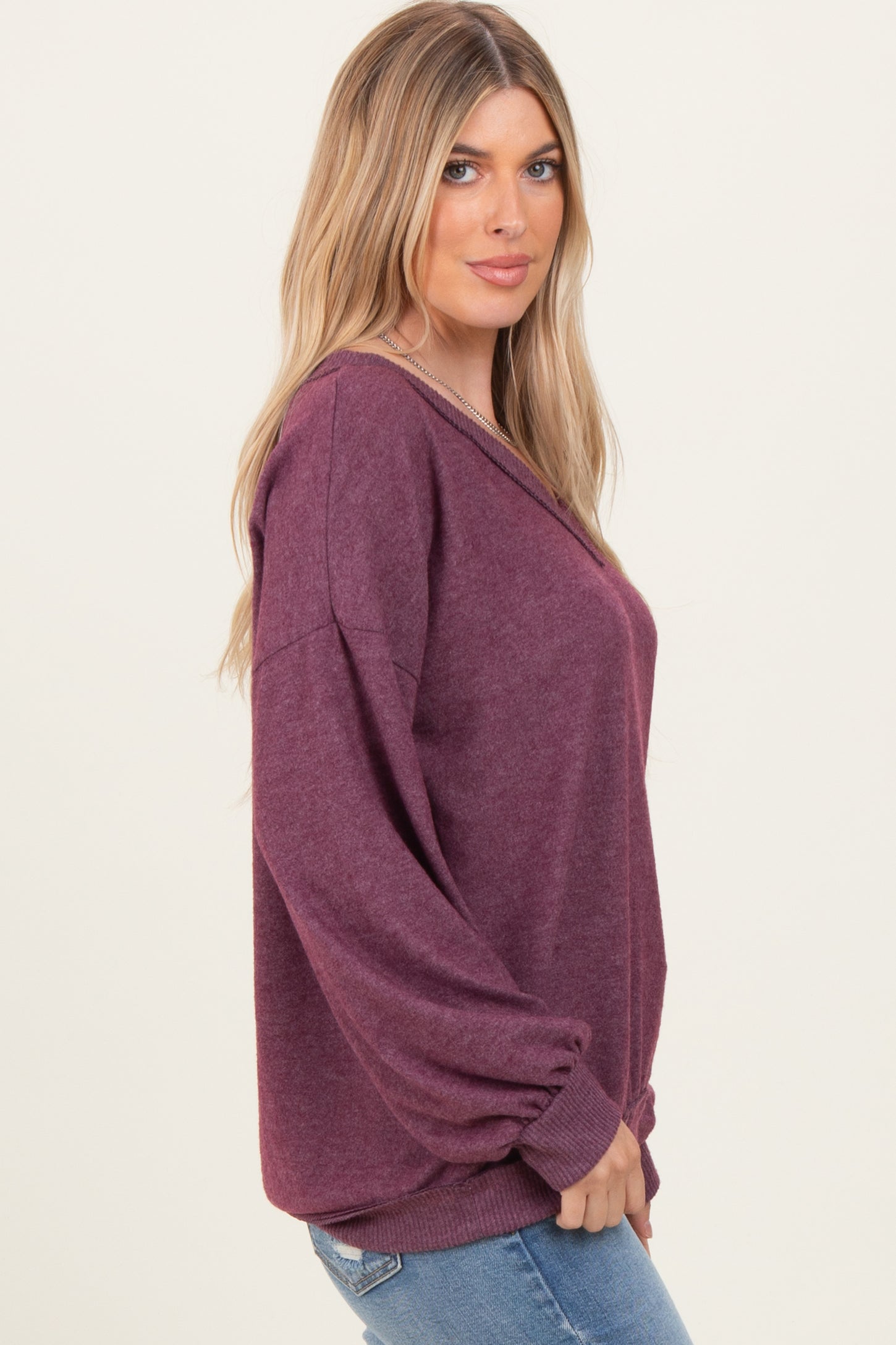 Plum Brushed Long Sleeve Ribbed V-Neck Top