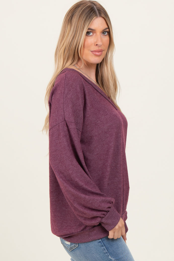 Plum Brushed Long Sleeve Ribbed V-Neck Top