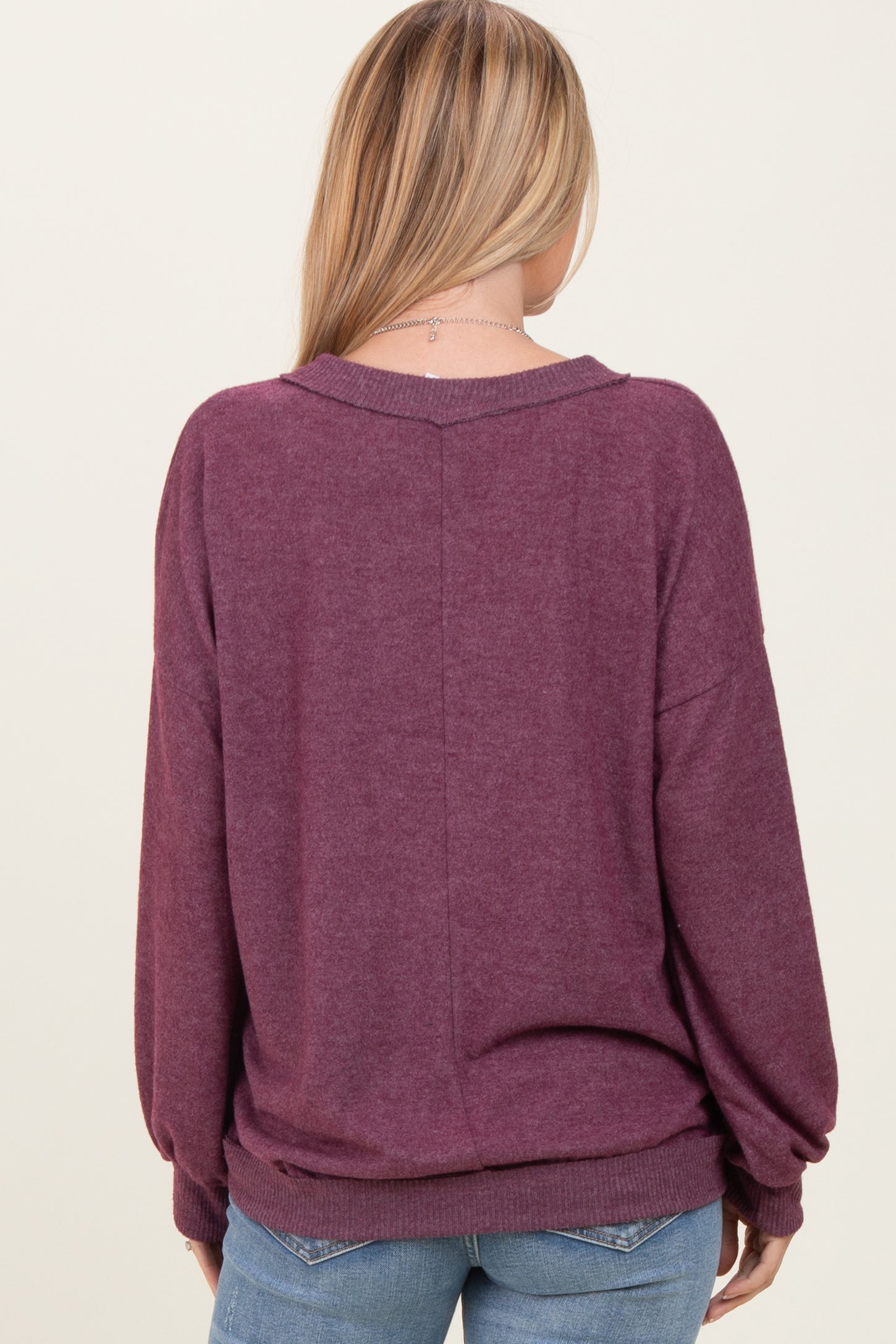 Plum Brushed Long Sleeve Ribbed V-Neck Top