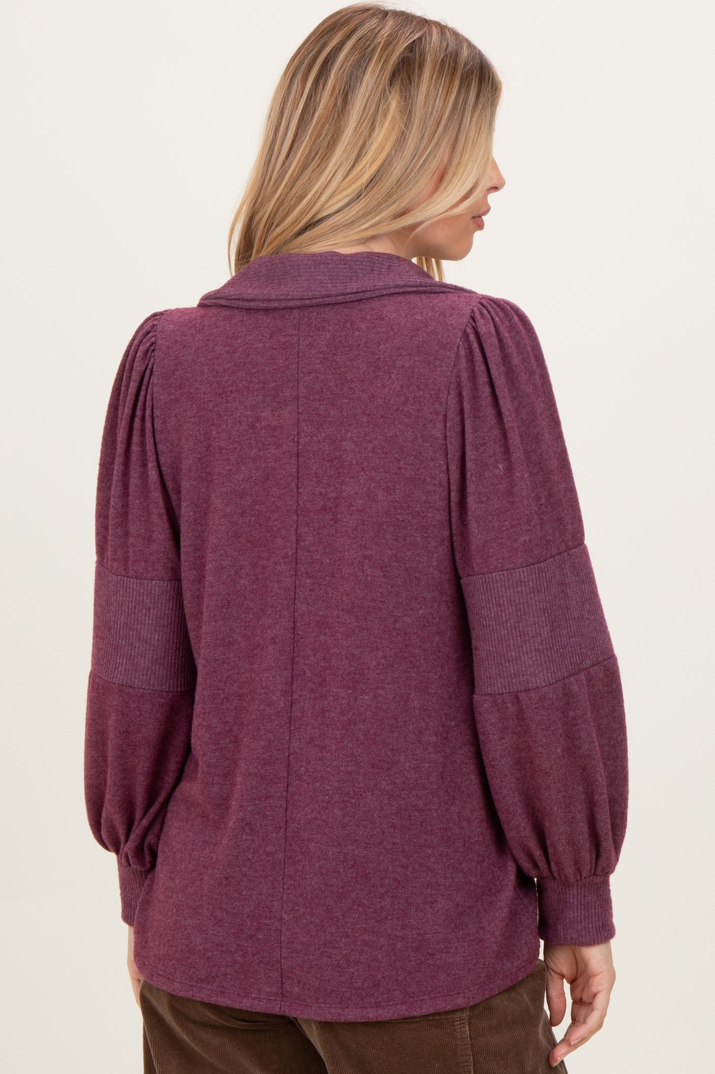 Plum Brushed Colorblock Long Sleeve Collared V-Neck Top