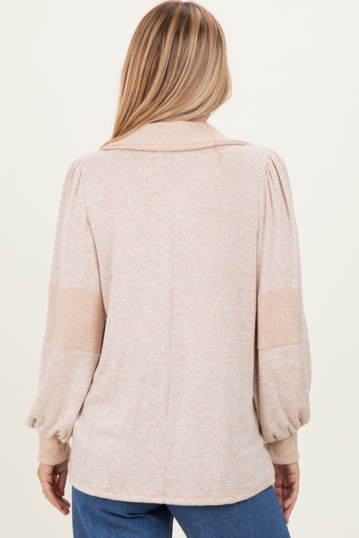 Beige Brushed Colorblock Long Sleeve Collared V-Neck Top