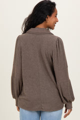 Brown Brushed Colorblock Long Sleeve Collared V-Neck Maternity Top