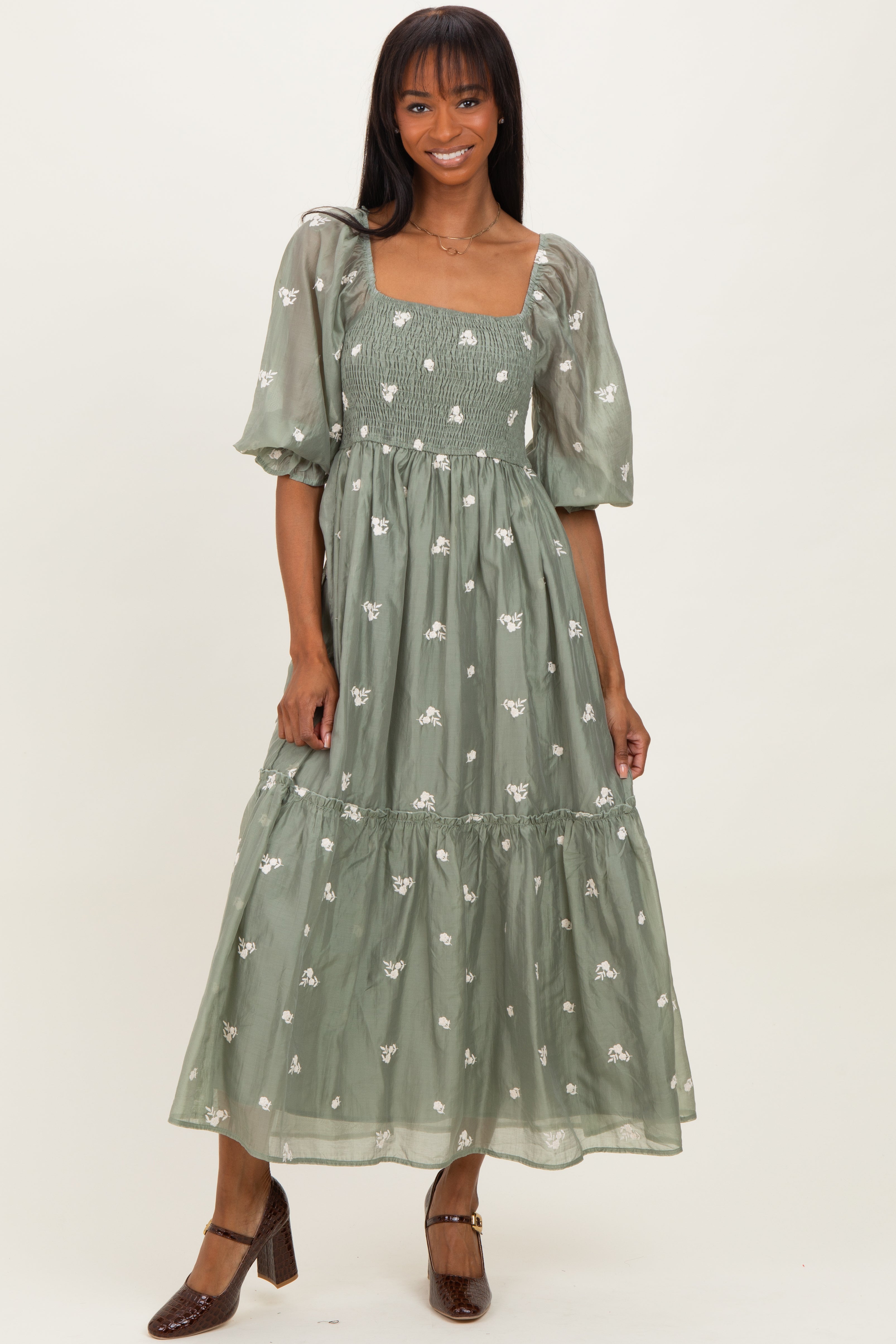 floral green midi dress Light Olive Embroidered Smocked 3/4 Sleeve – PinkBlush The Black Tux Cotton 25B Fit Lauren (first) is size:5X