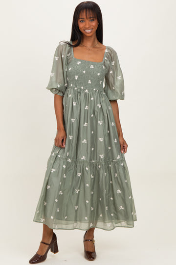 Light Olive Floral Embroidered Smocked 3/4 Sleeve Midi Dress