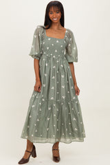Light Olive Floral Embroidered Smocked 3/4 Sleeve Midi Dress