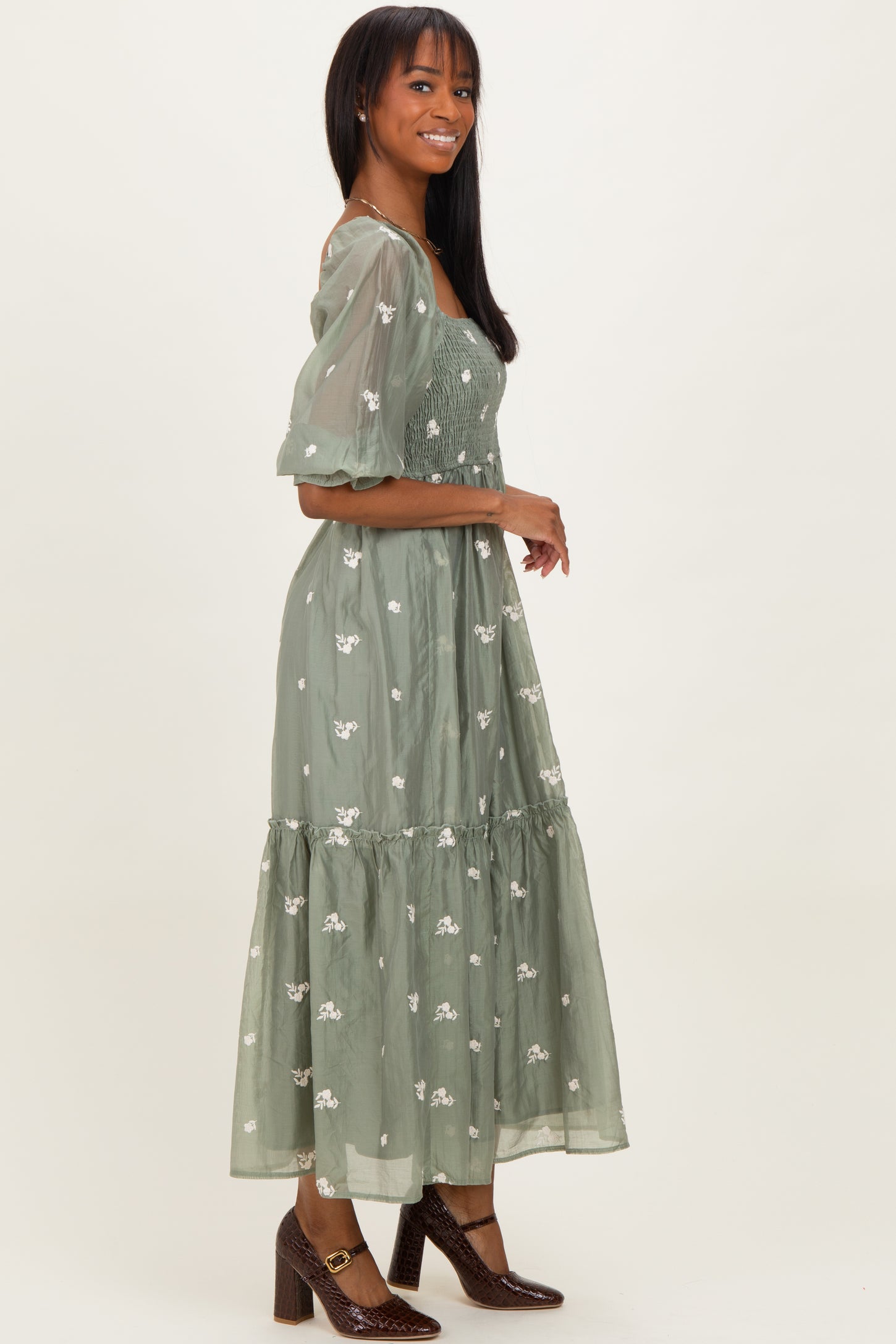 Light Olive Floral Embroidered Smocked 3/4 Sleeve Midi Dress Light Olive Floral Embroidered Smocked 3/4 Sleeve Midi Dress