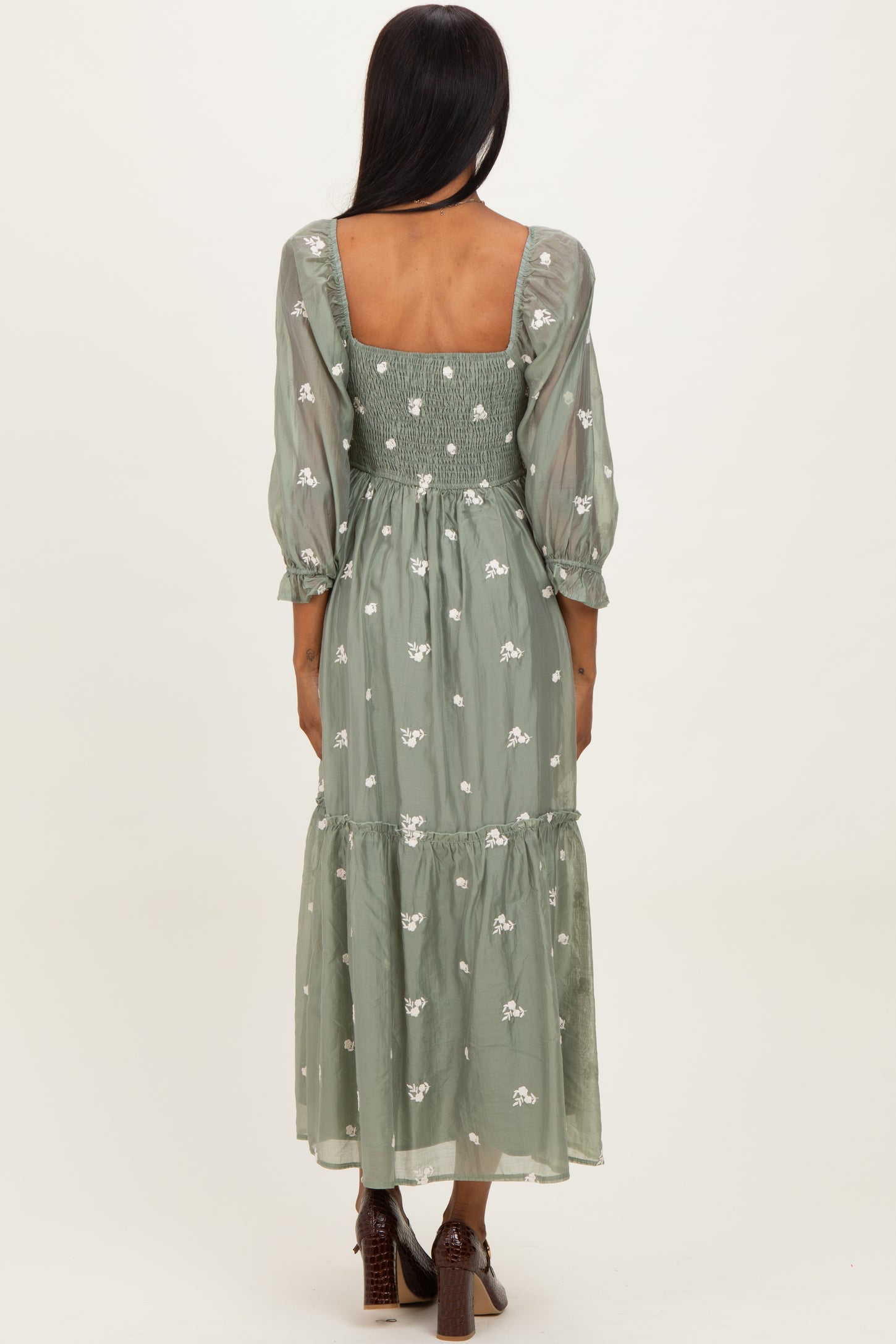 Light Olive Floral Embroidered Smocked 3/4 Sleeve Midi Dress