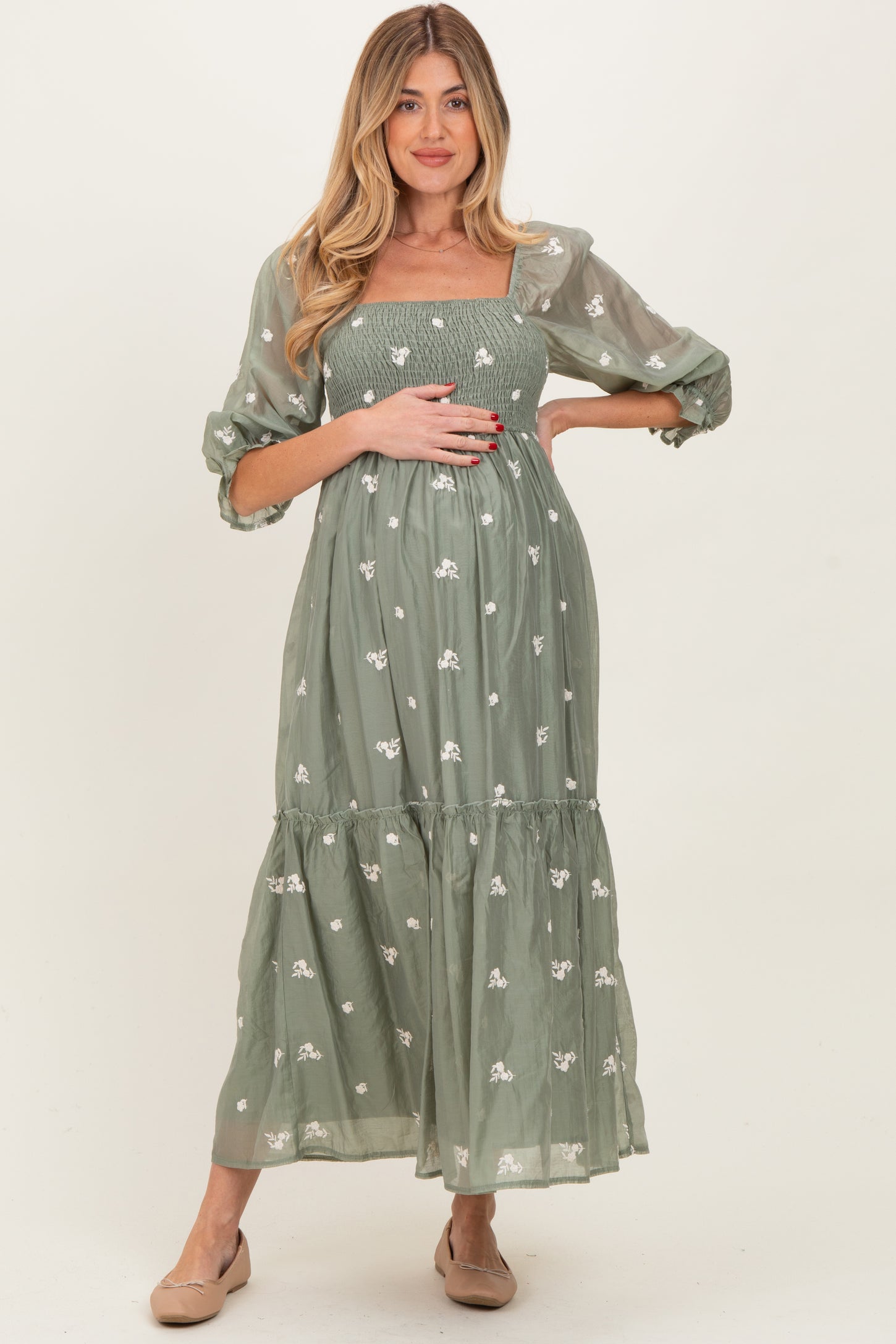 Light Olive Floral Embroidered Smocked 3/4 Sleeve Maternity Midi Dress Light Olive Floral Embroidered Smocked 3/4 Sleeve Maternity Midi Dress