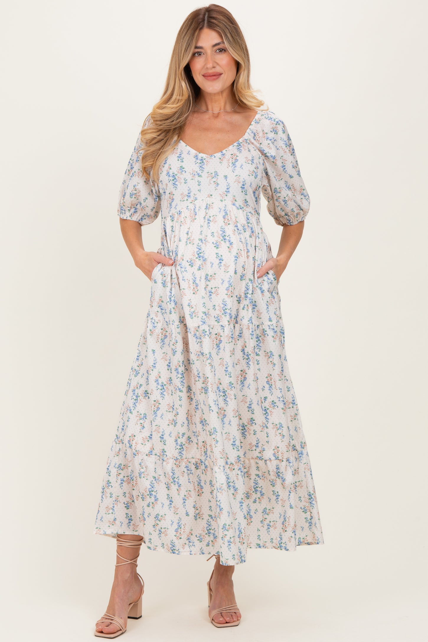 Cream Floral Puff Sleeve Tiered Maternity Maxi Dress