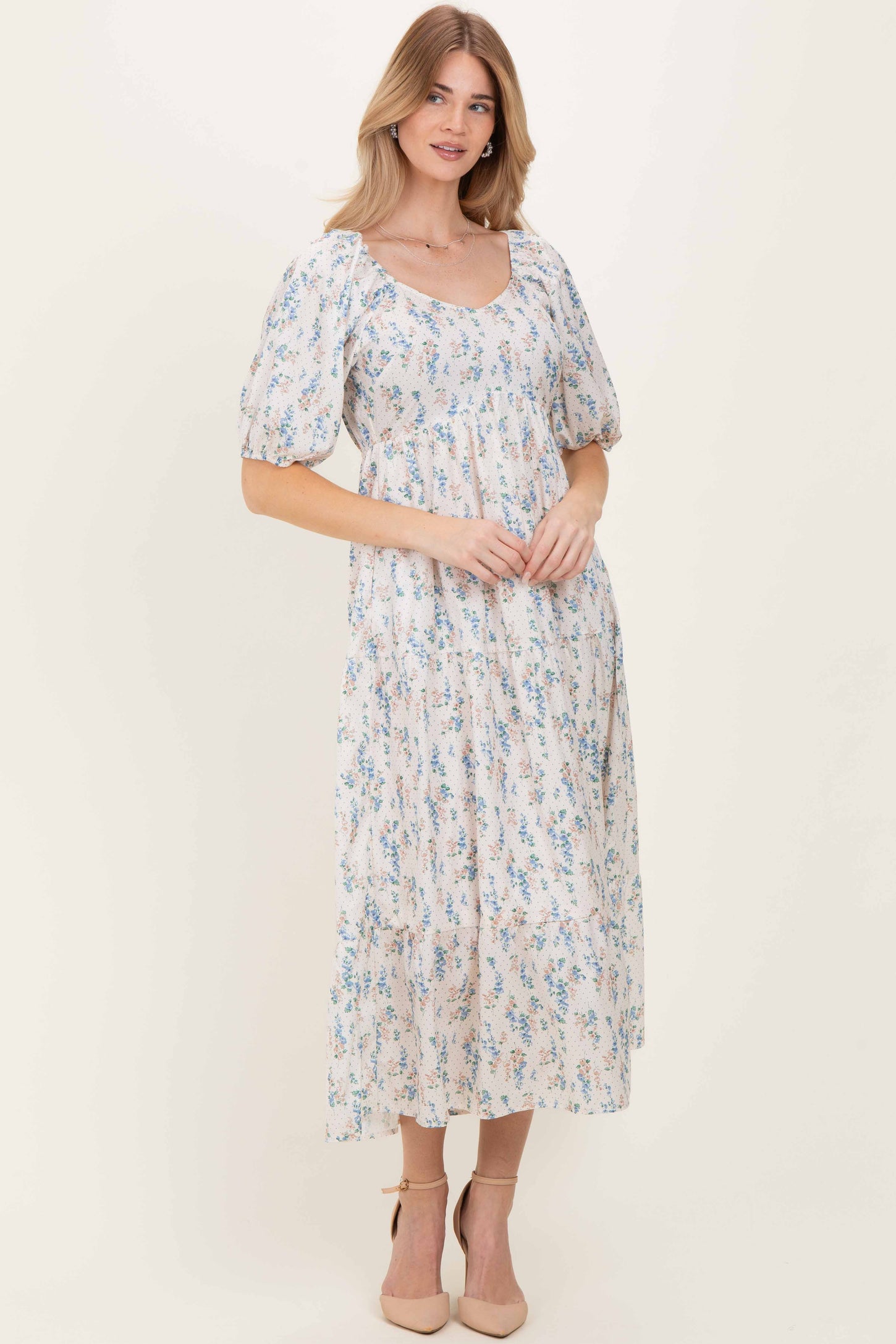 Cream Floral Puff Sleeve Tiered Maternity Maxi Dress