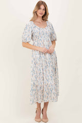 Cream Floral Puff Sleeve Tiered Maternity Maxi Dress