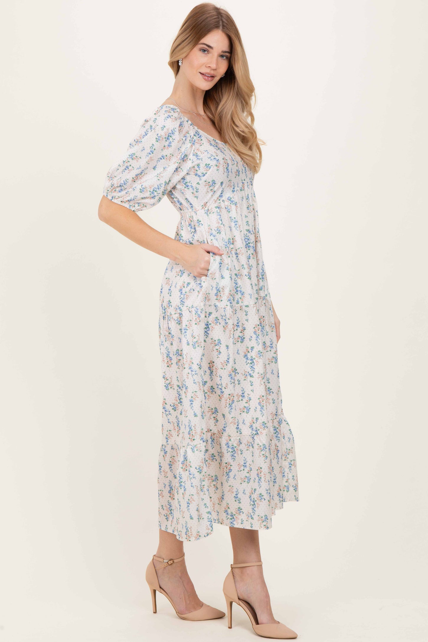 Cream Floral Puff Sleeve Tiered Maxi Dress