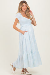 Light Blue Floral Lace Trim Tiered Maternity Maxi Dress