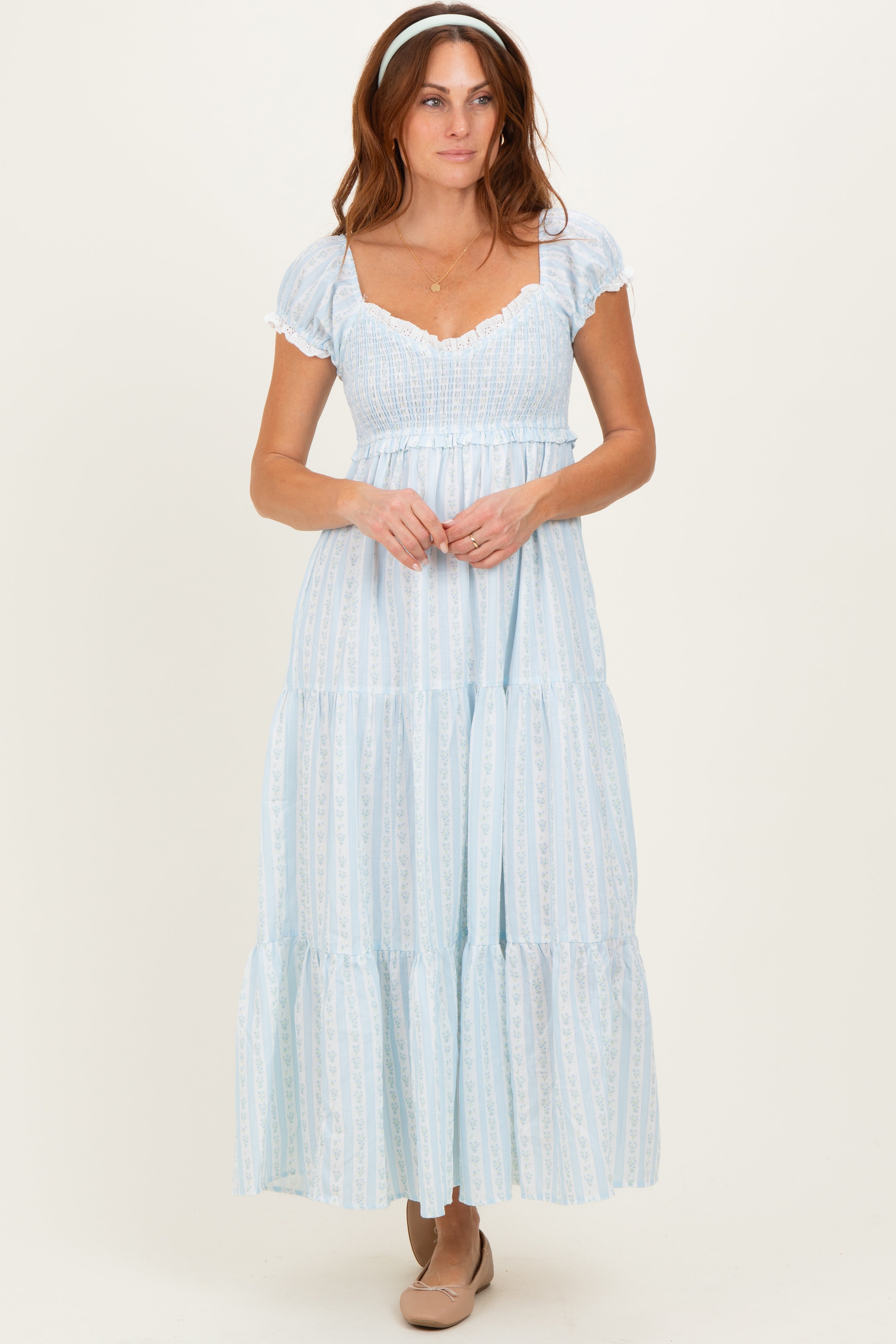 Light Blue Floral Lace Trim Tiered Maxi Dress – PinkBlush