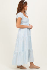 Light Blue Floral Lace Trim Tiered Maxi Dress
