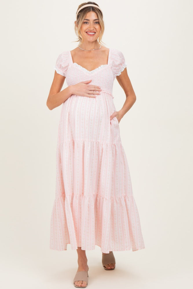 Light Pink Floral Lace Trim Tiered Maternity Maxi Dress