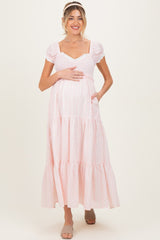 Light Pink Floral Lace Trim Tiered Maternity Maxi Dress
