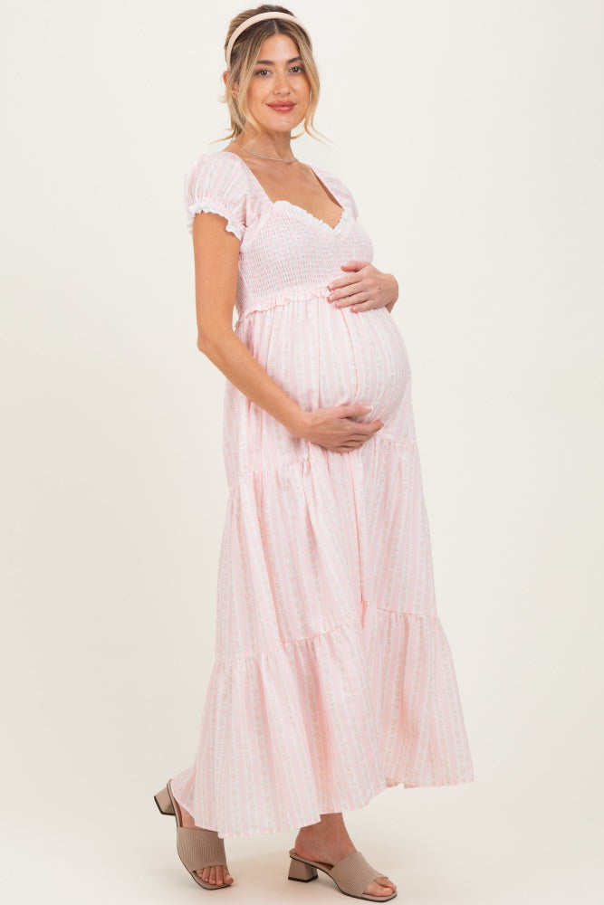 Light Pink Floral Lace Trim Tiered Maternity Maxi Dress