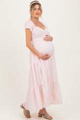 Light Pink Floral Lace Trim Tiered Maternity Maxi Dress