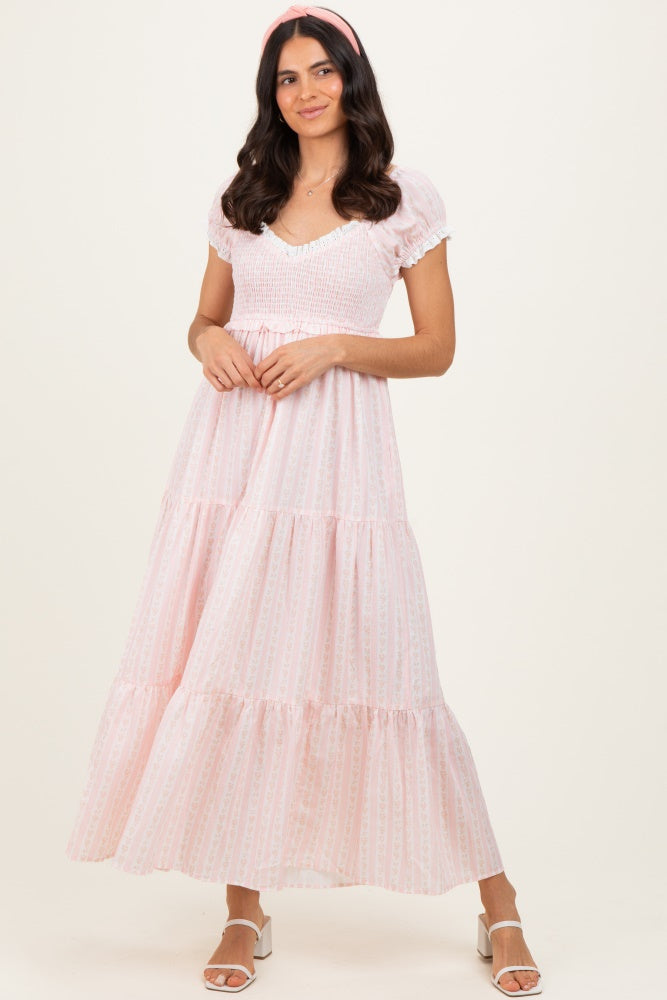 pink dress with white lace trim Light Floral Tiered Maternity Maxi AngelALT Pair it with elegant Formal Dresses David's Bridal Style:EE01489WH