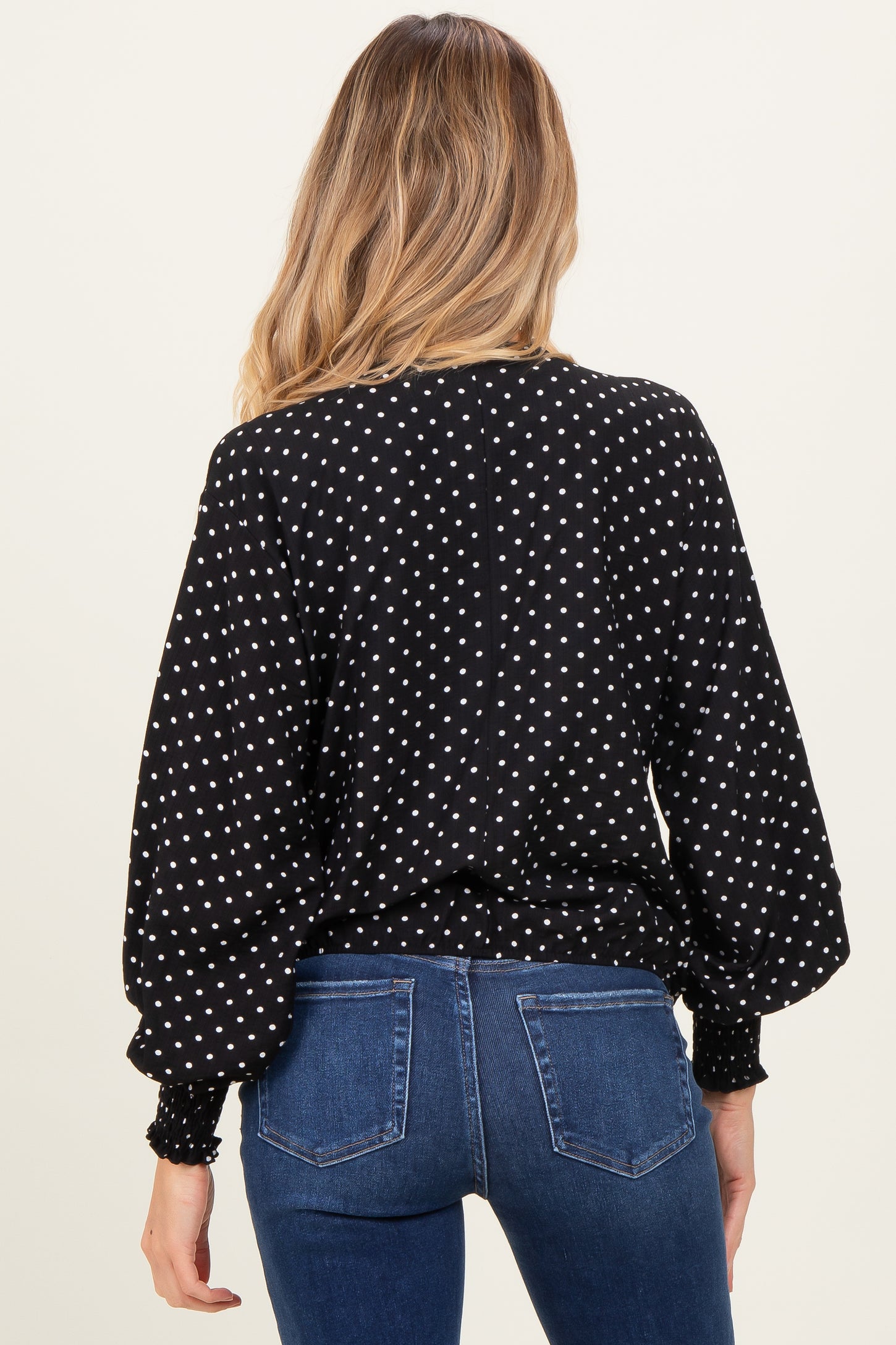 Black Polka Dot Long Sleeve Smocked Maternity Top