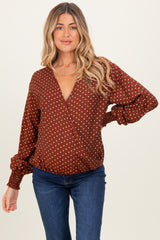 Brown Polka Dot Long Sleeve Smocked Maternity Top