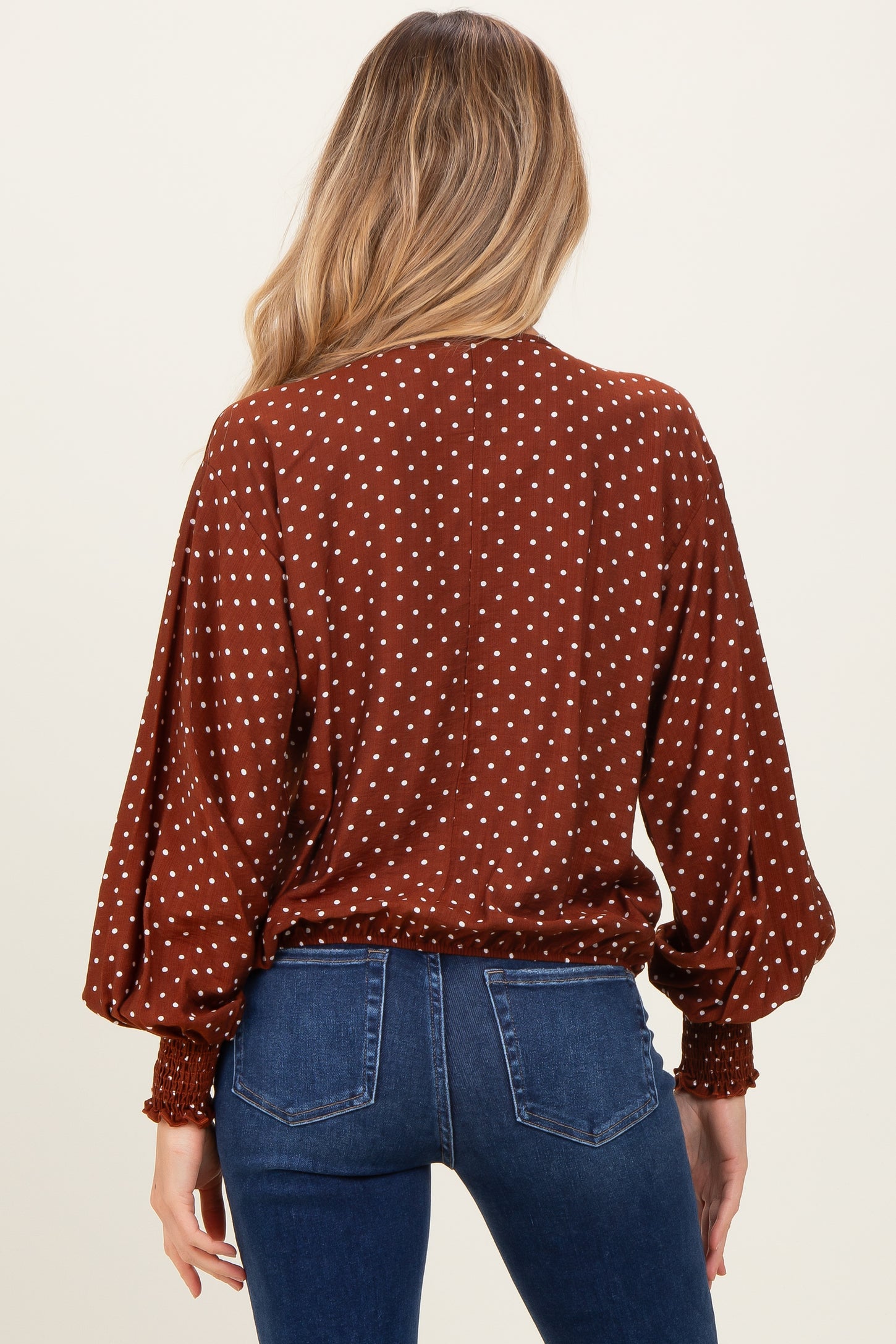 Brown Polka Dot Long Sleeve Smocked Maternity Top