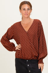 Brown Polka Dot Long Sleeve Smocked Top