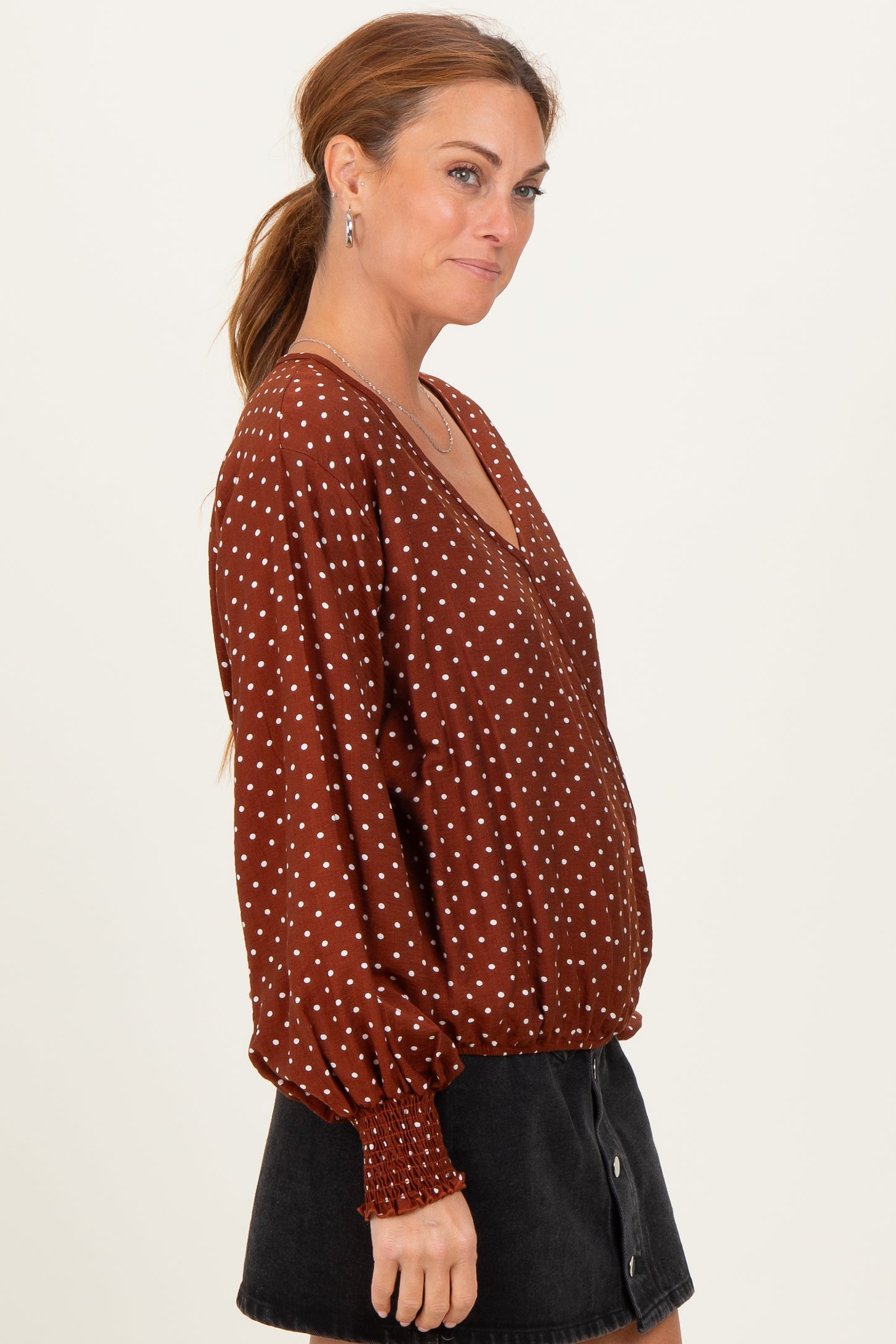 Brown Polka Dot Long Sleeve Smocked Top