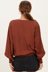 Brown Polka Dot Long Sleeve Smocked Top