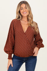 Brown Polka Dot Long Sleeve Smocked Maternity Top
