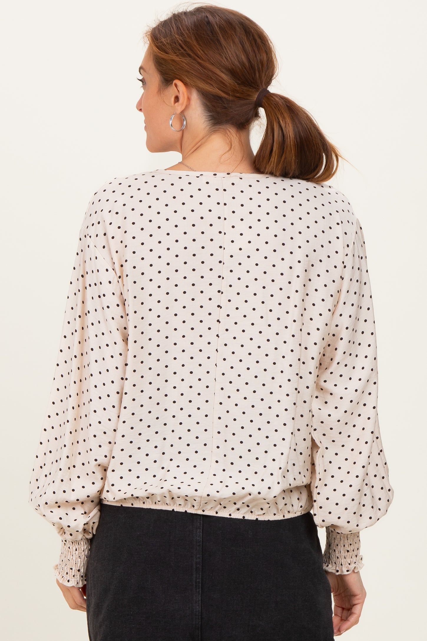 Ivory Polka Dot Long Sleeve Smocked Top