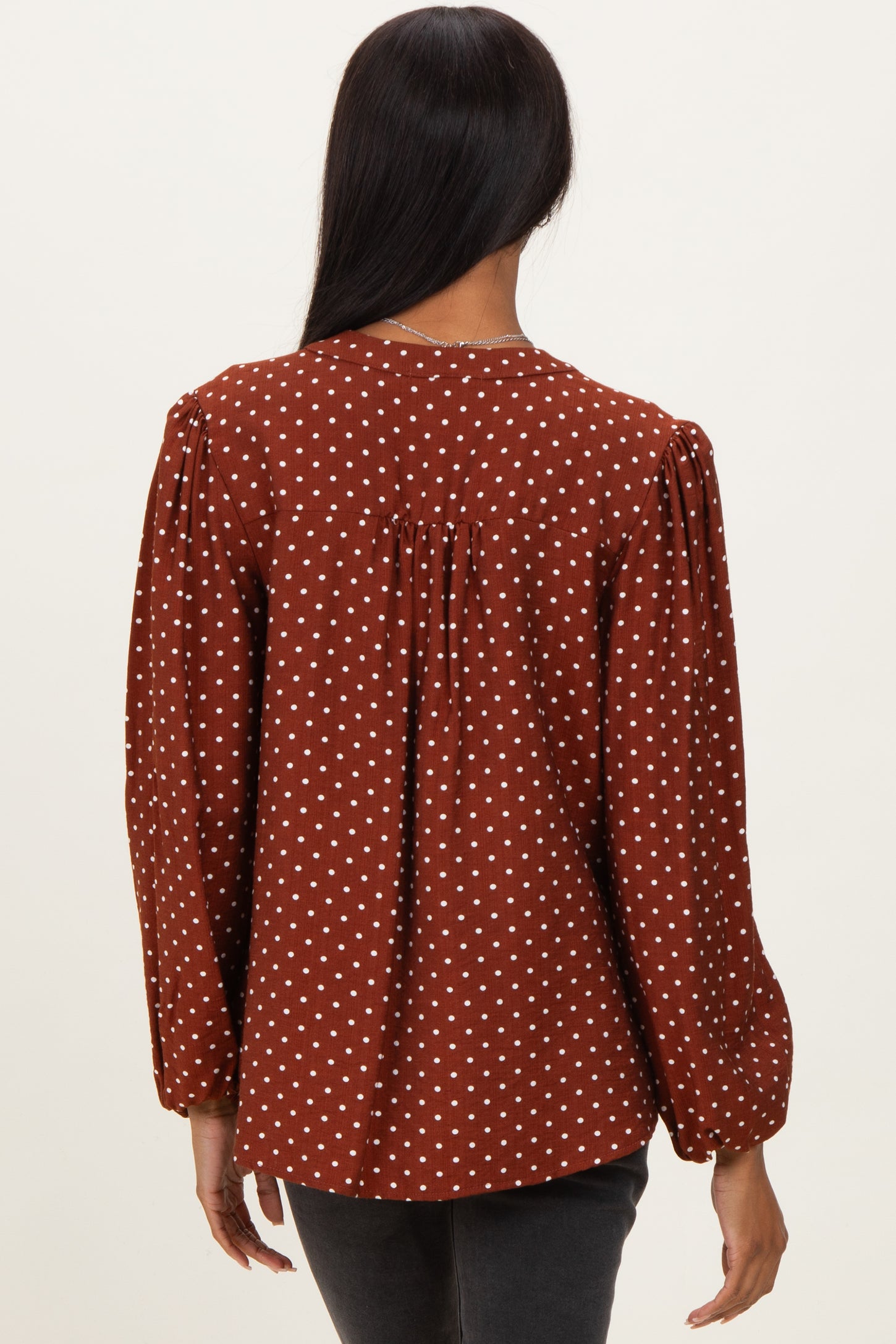 Brown Polka Dot Long Sleeve Button Down V-Neck Top