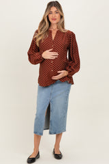 Brown Polka Dot Long Sleeve Button Down V-Neck Maternity Top