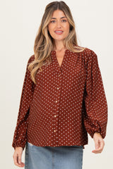 Brown Polka Dot Long Sleeve Button Down V-Neck Maternity Top