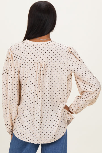 Ivory Polka Dot Long Sleeve Button Down V-Neck Top