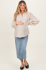 Ivory Polka Dot Long Sleeve Button Down V-Neck Maternity Top