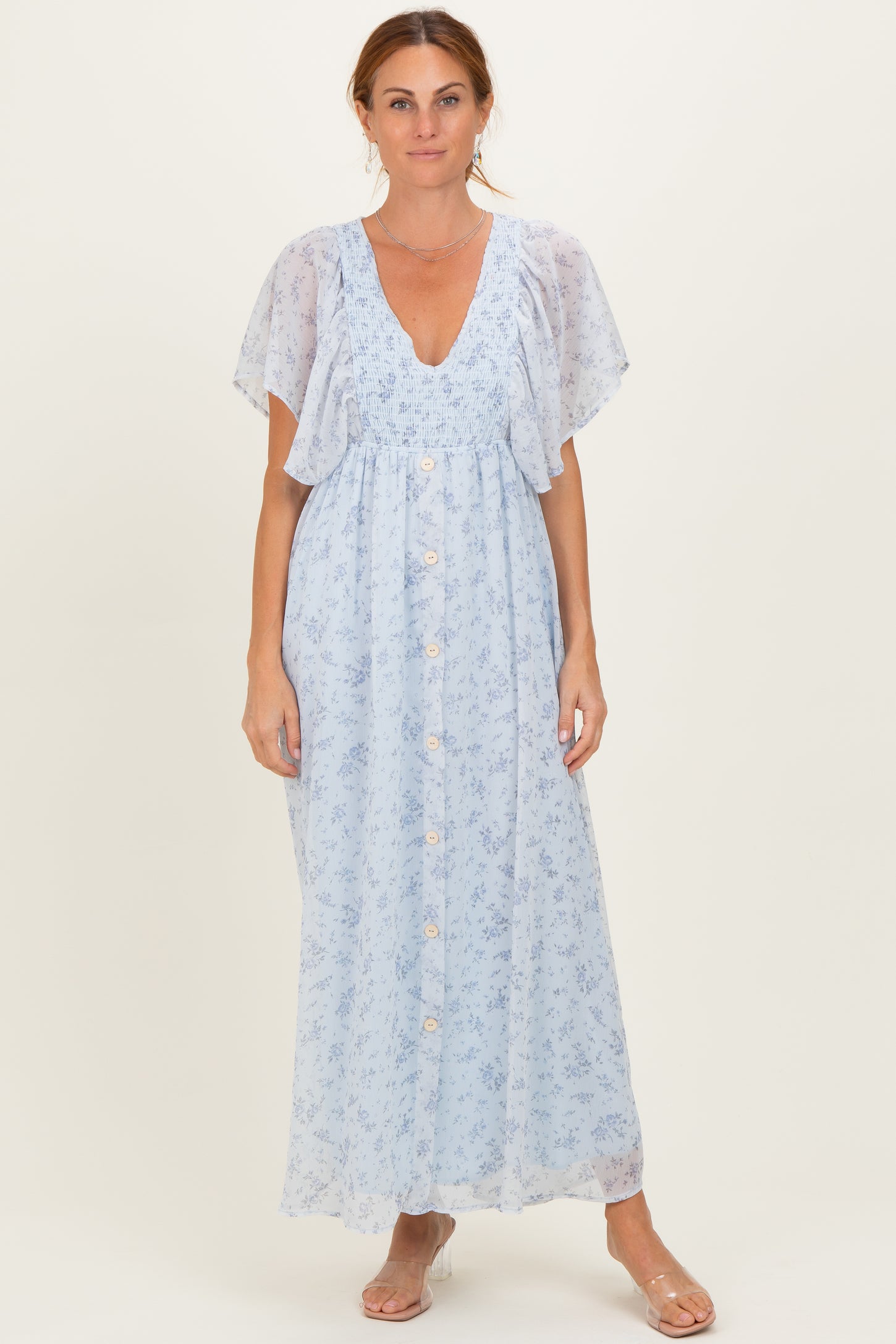 Ivory Floral Chiffon Short Sleeve V-Neck Smocked Top Maxi Dress