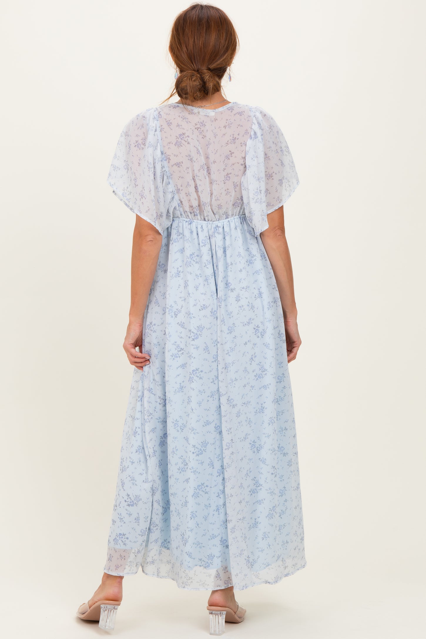 Ivory Floral Chiffon Short Sleeve V-Neck Smocked Top Maxi Dress