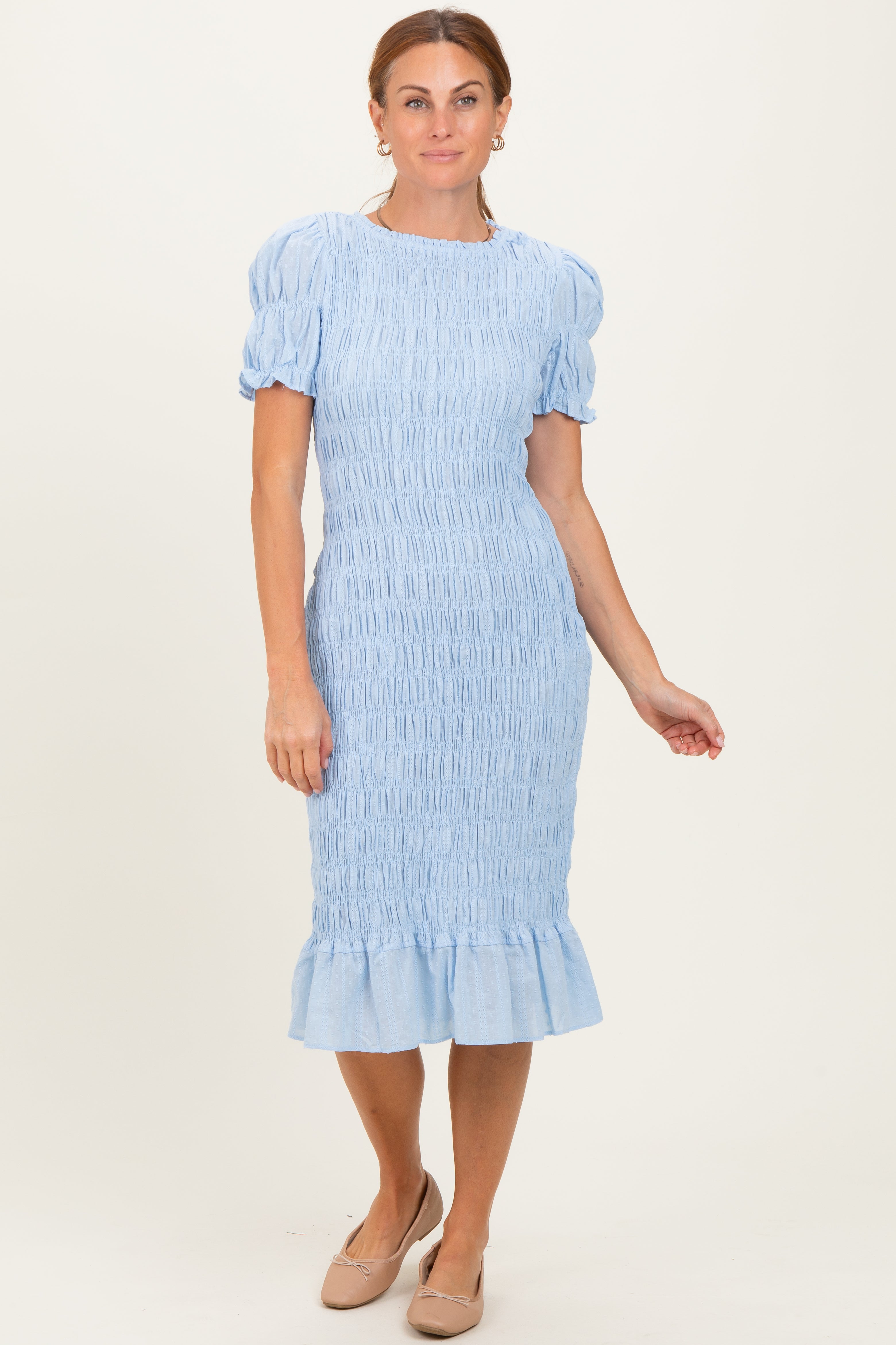 smocked fitted maternity dress Light Blue Midi – PinkBlush Color:DESERT-ROSE Uptown Girl Mini Sweater A solid maternity dress ALLSALEITEMS