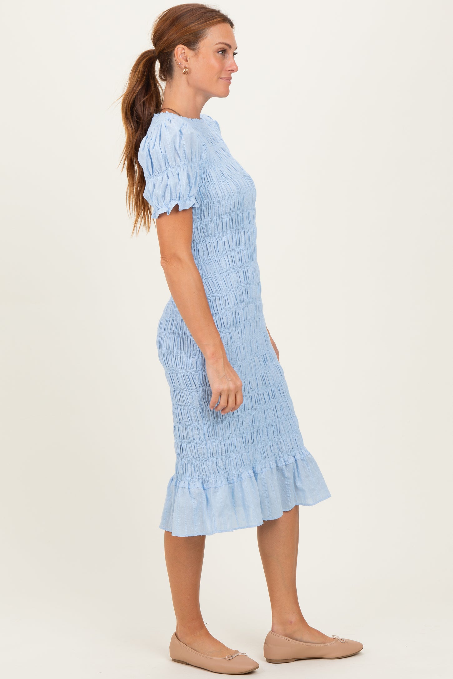 Light Blue Smocked Fitted Midi Dress