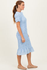 Light Blue Smocked Fitted Midi Dress