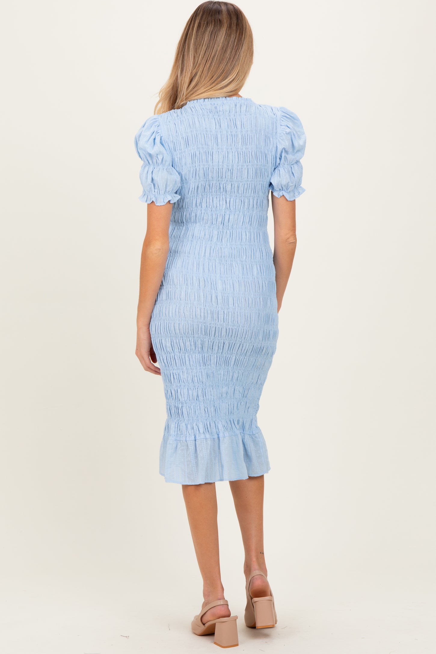 Light Blue Smocked Fitted Maternity Midi Dress